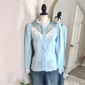 80s Handmade Elegant Blue Lace Trim Blouse